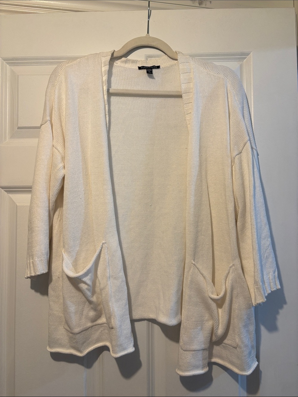 Eileen Fisher White Open-Front Pocket Cardigan